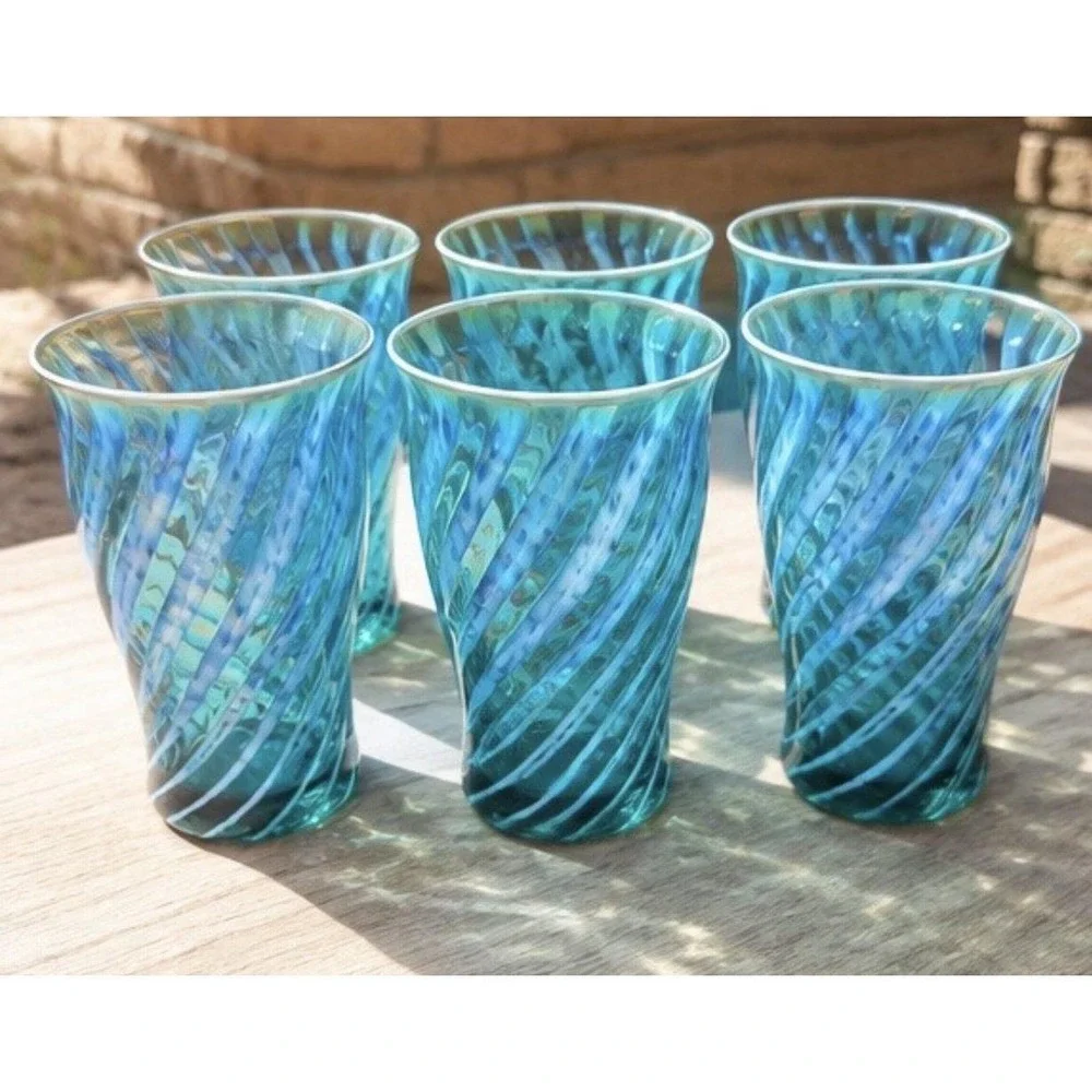 Vintage Fostoria Art Glass Tumbler Set Of 6 Blue/Teal Spiral Signed Hand Blown